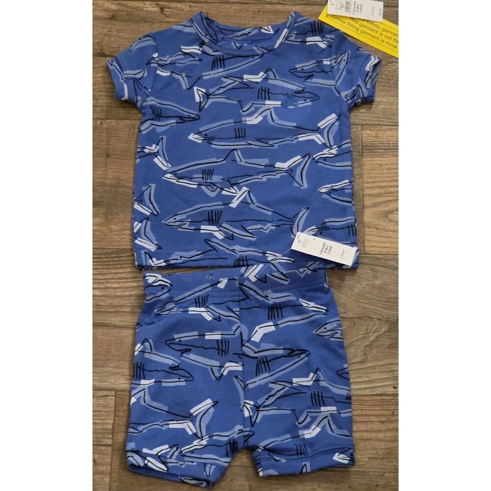 Baby Gap Shark PJ Short Set in blue with an allover shark print - 6 to 12 Mths